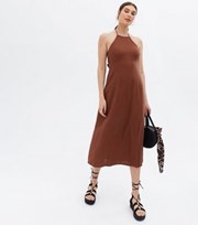 New Look Dark Brown Linen Blend Halter Tie Back Midi Dress